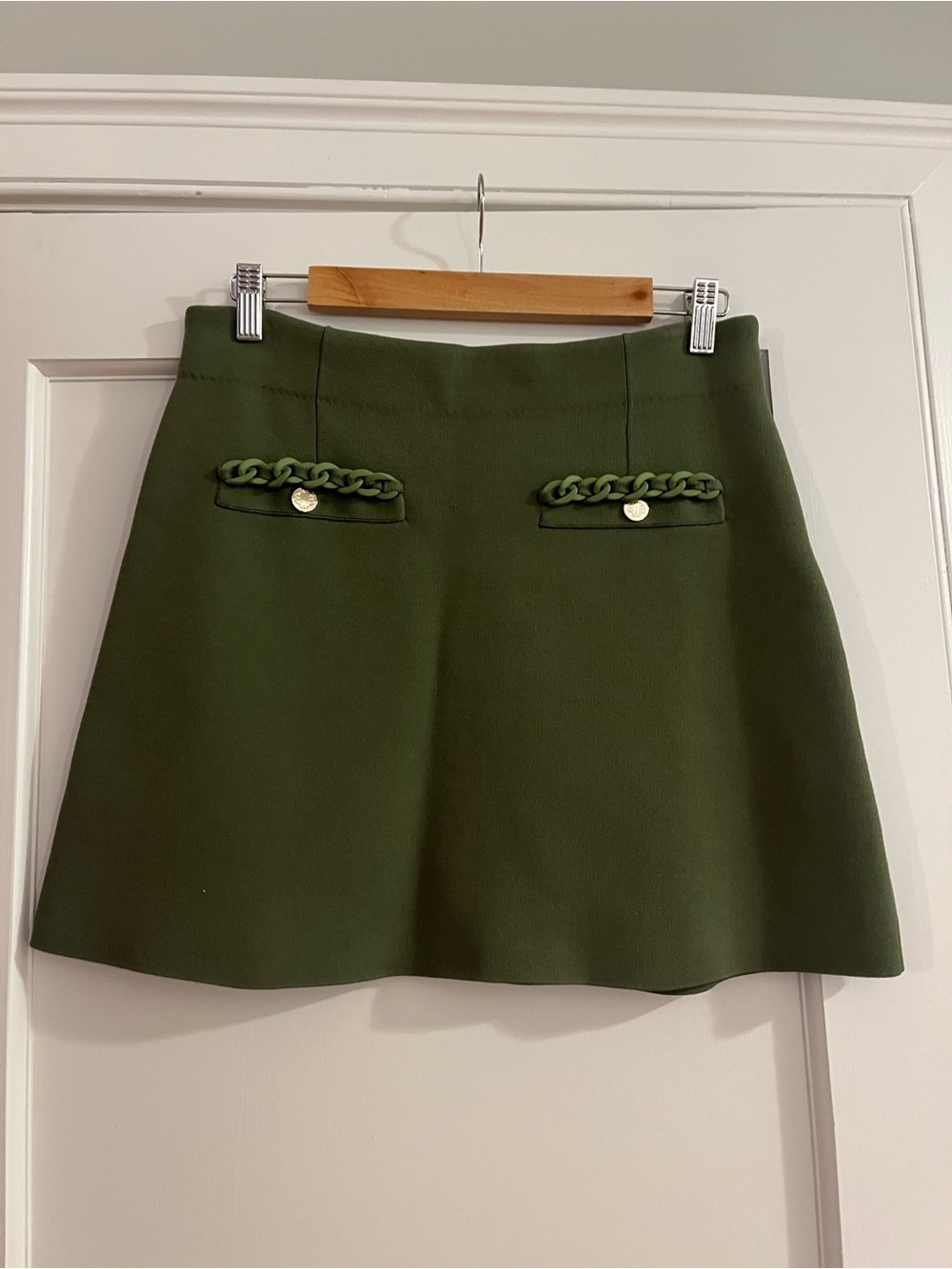 Maje Olive Green Mini Skirt with Chain-Trim Pockets